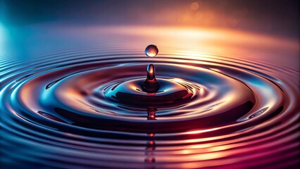 A single drop of liquid creates mesmerizing concentric ripples on a dark, reflective surface, illuminated with warm and cool tones.
