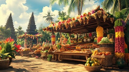Obraz premium Vibrant Tropical Market at Ancient Temple