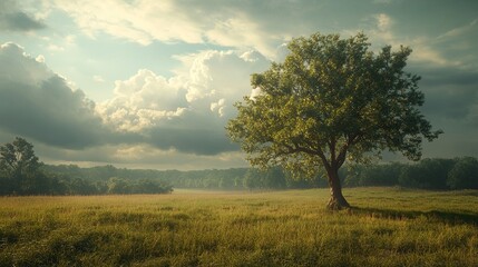 A single tree stands tall in a grassy field, with a dramatic sky and soft, warm light.