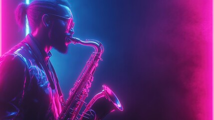 Fototapeta premium A musician playing saxophone under vibrant neon lights, creating a lively atmosphere.