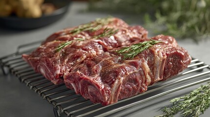 Fototapeta premium Tender cuts of meat arranged on a metal rack for preparation and cooking at a kitchen setting