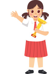 Cartoon little girl holding gold trophy