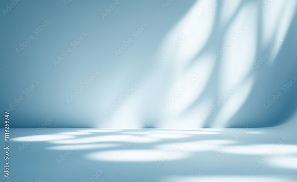 Poster Abstract Light Patterns on Soft Blue Background with Gentle Shadows for Minimalistic Product Presentation