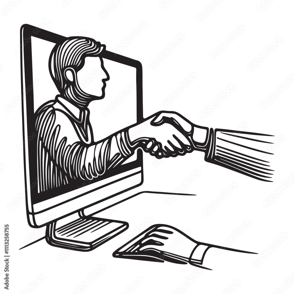 Fototapete one continuous single drawing black line art doodle of a person shaking hands through a computer scr