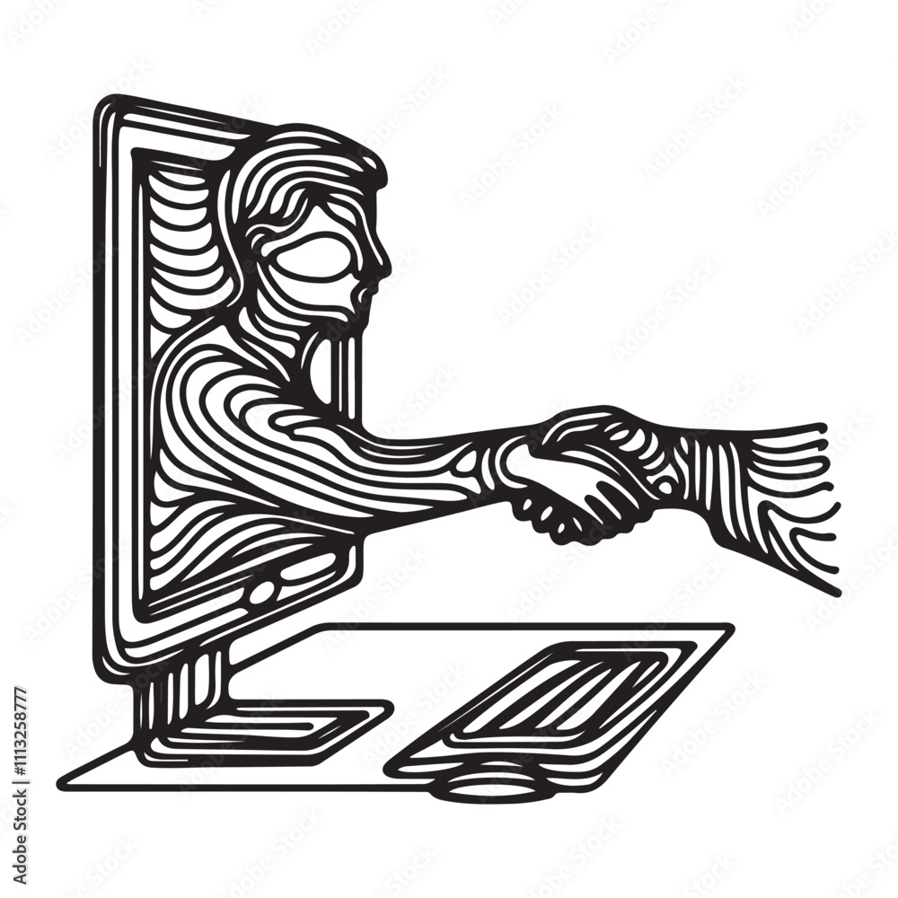 Fototapete one continuous single drawing black line art doodle of a person shaking hands through a computer scr