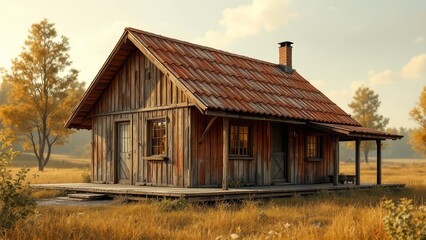Obraz premium Wooden house, metal roof, natural light.