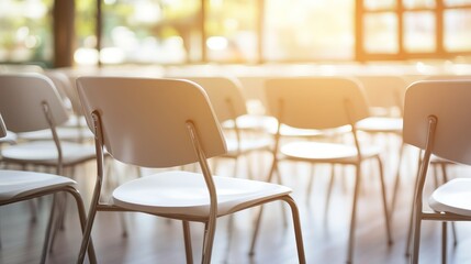 Fototapeta premium Empty conference room seats, rows of white chairs in modern meeting rooms, shallow depth of