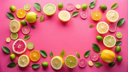 Vibrant Citrus Fruits and Leaves Arranged on a Pink Background, Creating a Refreshing and Zesty Frame