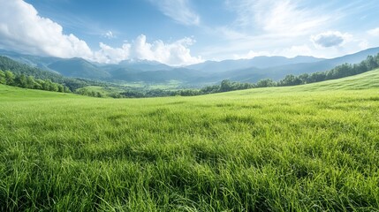 Fototapeta premium Serene Landscape with Lush Green Grass and Majestic Mountains