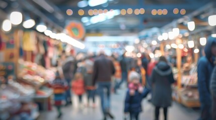 Faint shapes and colors creating a lively scene at the bustling flea market.