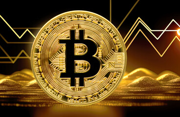 Stunning image of a golden bitcoin. Capturing the intricate details of the iconic cryptocurrency.  Perfect for financial marketing or tech content.