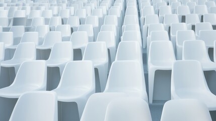 Obraz premium Empty conference room seats, rows of white chairs in modern meeting rooms, shallow depth of