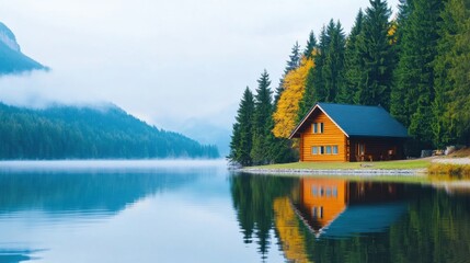 Fototapeta premium Mountain Cabin by a Misty Lake with Pine Forests