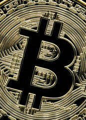Stunning image of a golden bitcoin. Capturing the intricate details of the iconic cryptocurrency.  Perfect for financial marketing or tech content.