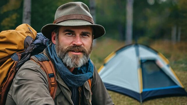 An executive Samart camping dude wearing an adventure hat