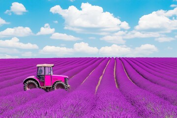 Pink Tractor in Vibrant Lavender Field Under Blue Sky with Clouds