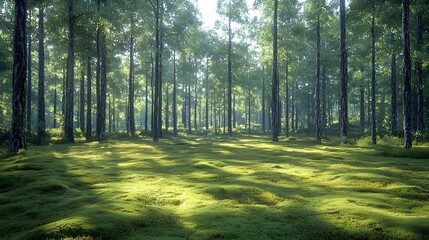Obraz premium A serene forest landscape showcasing tall trees with vibrant green foliage and a soft moss-covered ground, creating a tranquil atmosphere filled with dappled sunlight.