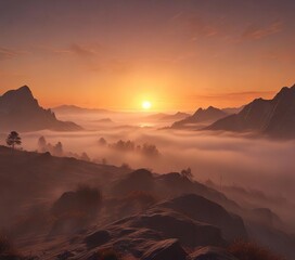 Naklejka premium misty fog lifts slowly revealing a brilliant orange glow in the eastern horizon, orange glow, warm light, sunrise sky