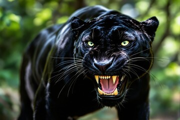 Fierce Black Panther in Nature with Intense Gaze and Bared Fangs