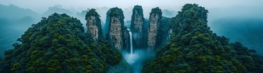 Majestic mountain landscape with towering rock formations and a cascading waterfall, enveloped in mist and lush greenery, creating a serene and mystical atmosphere.