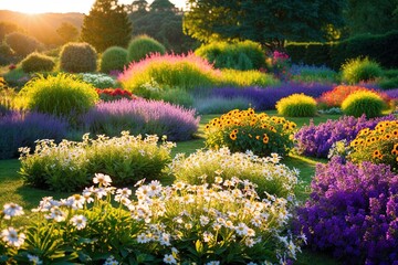 Obraz premium Stunning Flower Garden Bathed in Sunlight within a Lush Vibrant Landscape