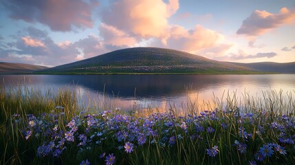 A serene landscape featuring a tranquil lake reflecting soft clouds and a lush, flower-covered hill, surrounded by vibrant purple wildflowers in the foreground.