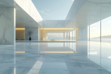 Minimalist White Marble Interior Soft Natural Lighting Wide Angle High Resolution Elegant Atmosphere