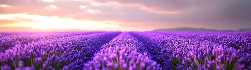 Fototapeta premium A breathtaking sunset over a vast field of blooming lavender, with vibrant purple hues contrasting against the soft pastels of the sky.