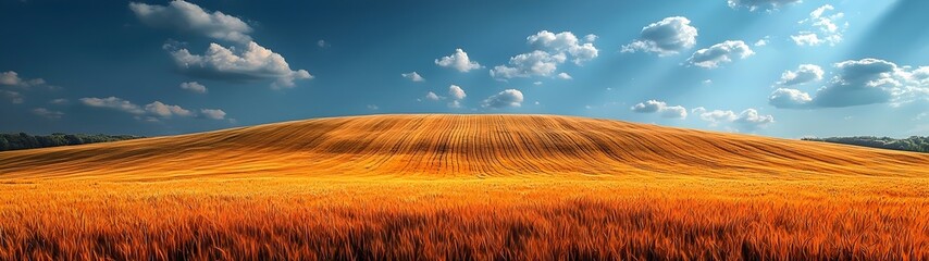 Fototapeta premium A breathtaking panoramic view of a golden wheat field under a bright blue sky with fluffy white clouds, showcasing the beauty of rural landscapes and sunlight.
