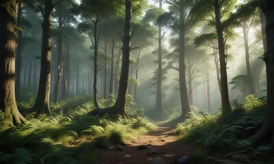 Obraz premium Dense forest with tall trees and lush undergrowth, undergrowth, nature, wilderness