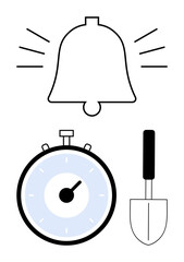 Bell ringing stopwatch and garden shovel symbolize alerts time-tracking and gardening. Ideal for scheduling, gardening, productivity, reminders, time management, alarms, and horticulture. Line