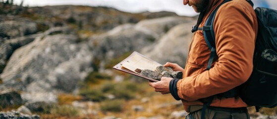 A close-up view of a geologist in the field, examining rock samples with geological formations in the background, Geological survey scene