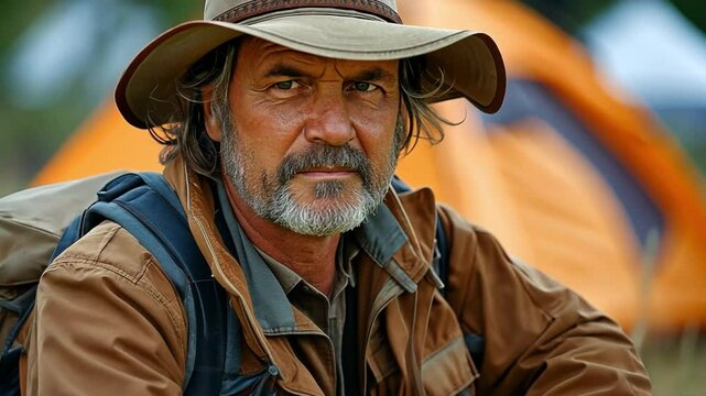 An executive Samart camping dude wearing an adventure hat