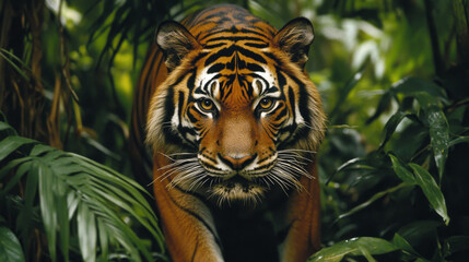 Wildlife tiger striped photography. Open eye black orange fur. Dangerous cat animal tropical jungle forest hunter close up photo