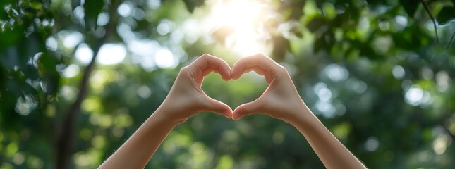 Heart Hands with Green Forest Background Love Nature Environment Protection