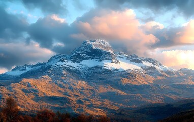 Fototapeta premium A breathtaking view of a majestic mountain range, showcasing snow-capped peaks against a backdrop of vibrant clouds and warm sunset hues.