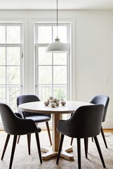 Fototapeta premium Elegant Dining Room Featuring Velvet Chairs and Natural Light With a Contemporary Table Setting. Generative AI