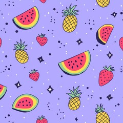 Seamless Fruit Pattern with Watermelon Strawberries and Pineapples on Light Purple Background