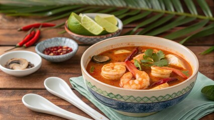 Classic shrimp tom yum served in a traditional ceramic bowl