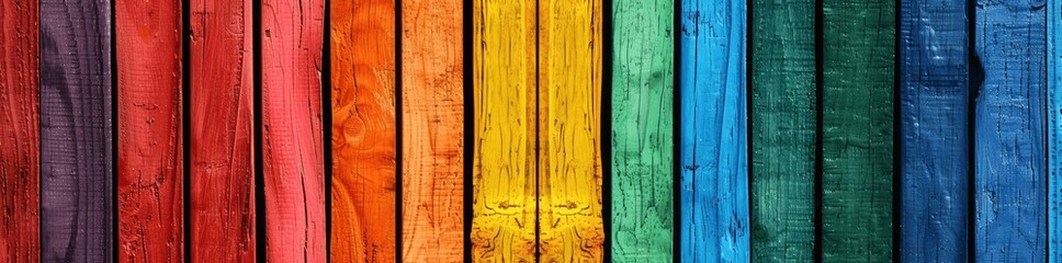 Rainbow LGBT Flag on Wooden Boards - Vibrant and Textured Representation of Diversity and Pride - Colourful Grunge Banner with Painted Vertical Planks