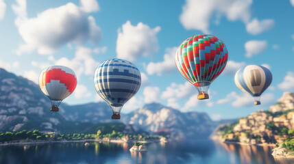 Fototapeta premium 3d isolated hoy air balloon basket travel illustration on transparent background. Realistic aerostat set in red, blue and yellow stripe for adventure and recreation. Summer ballooning leisure journey