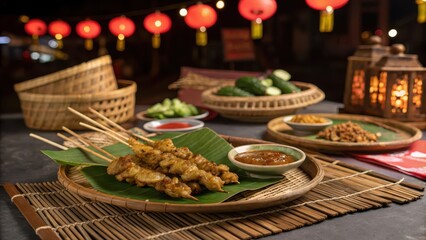 Delicious chicken satay skewers served on a banana leaf platter