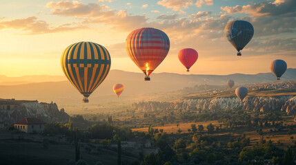 3d isolated hoy air balloon basket travel illustration on transparent background. Realistic aerostat set in red, blue and yellow stripe for adventure and recreation. Summer ballooning leisure journey