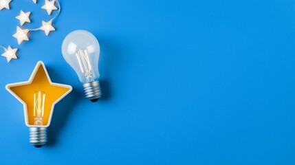 Creative Light Bulb Arrangement on Blue Background with Star Accents