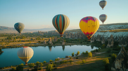 3d isolated hoy air balloon basket travel illustration on transparent background. Realistic aerostat set in red, blue and yellow stripe for adventure and recreation. Summer ballooning leisure journey