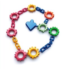 A colorful arrangement of interlocking gears and chains, symbolizing connection and collaboration.