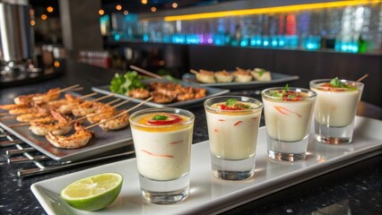 Fototapeta premium Mini tom kha shooters served with appetizers in modern cocktail lounge