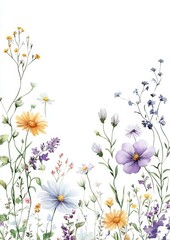 Watercolor Floral Illustration with Pastel Flowers and Green Foliage for Spring and Summer Decor
