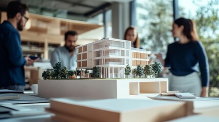 An architect presenting a building model to a group of colleagues in a modern office, Architectural firm scene, Professional and collaborative style