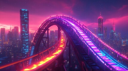 Obraz premium A vibrant roller coaster illuminated against a futuristic city skyline at sunset.